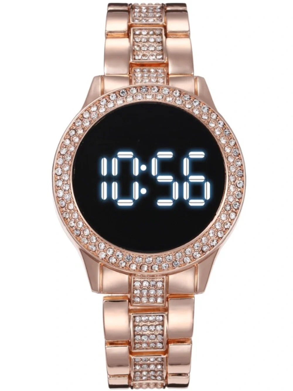 Unisex Women’s & Men Black Crystal Rhinestone Round LED Metal Strap Timer Watch